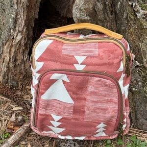 Geometric Pattern canvas  Backpack with mustard yellow leather Handle